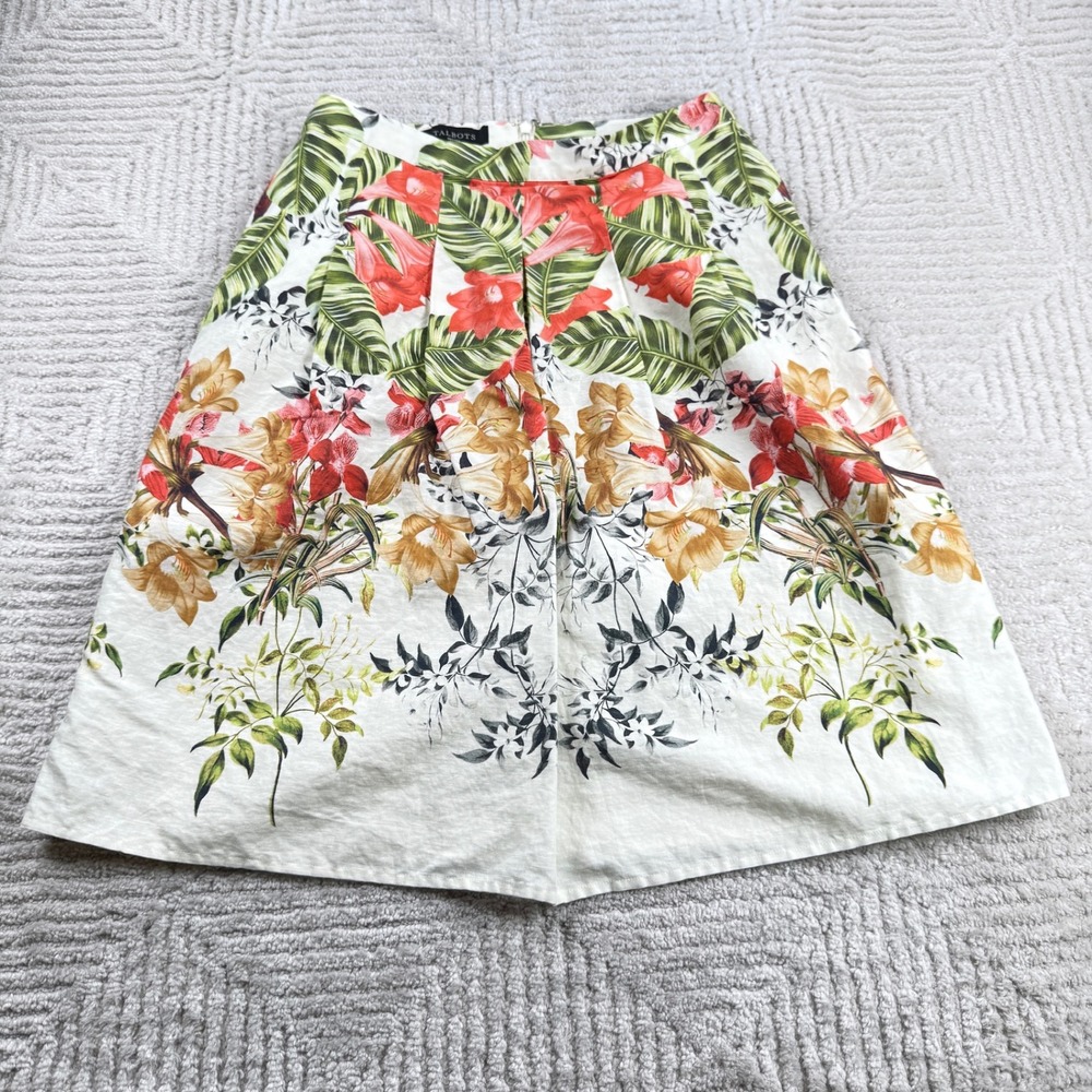 Talbots A-Line Skirt Womens 2P White Tropical Floral Linen Blend Luau Resortwear